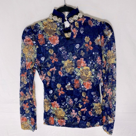 Vintage Y2K Floral Lace Embellished Long Sleeve Mock Neck Top XS - Picture 2 of 16